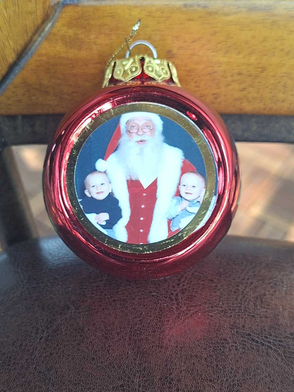 Source Unknown Red Glass Holiday Ornament with Gold Trim and Santa Photo